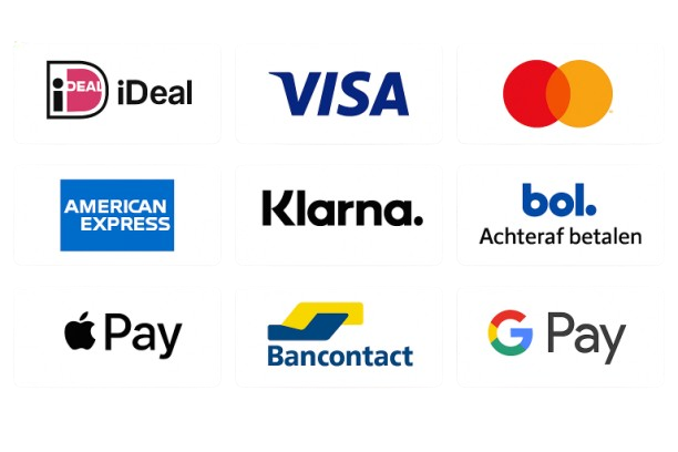 iDEAL, Visa, Mastercard, American Express, Klarna, Apple Pay, Bancontact, Google Pay